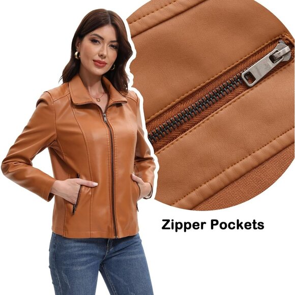 Women Camel Faux Leather Motorcycle Jacket Zip Up Trendy Going Out Coat - Picture 4 of 6
